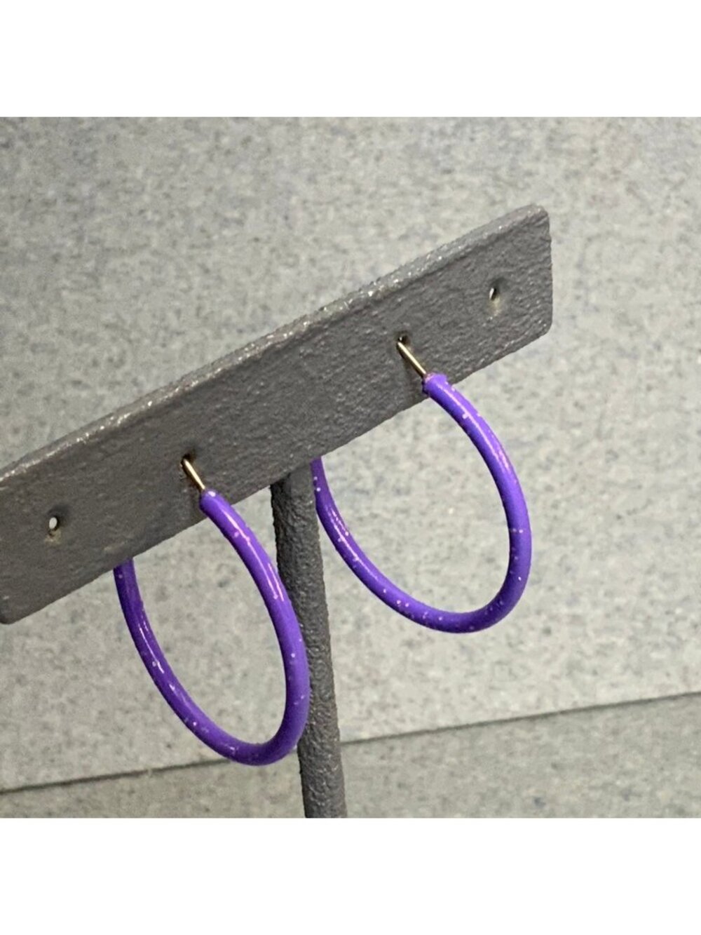 Skinny Glitter Hoop Earrings 1.25 In As Is Purple Enamel Sparkle Retro 80s Latch